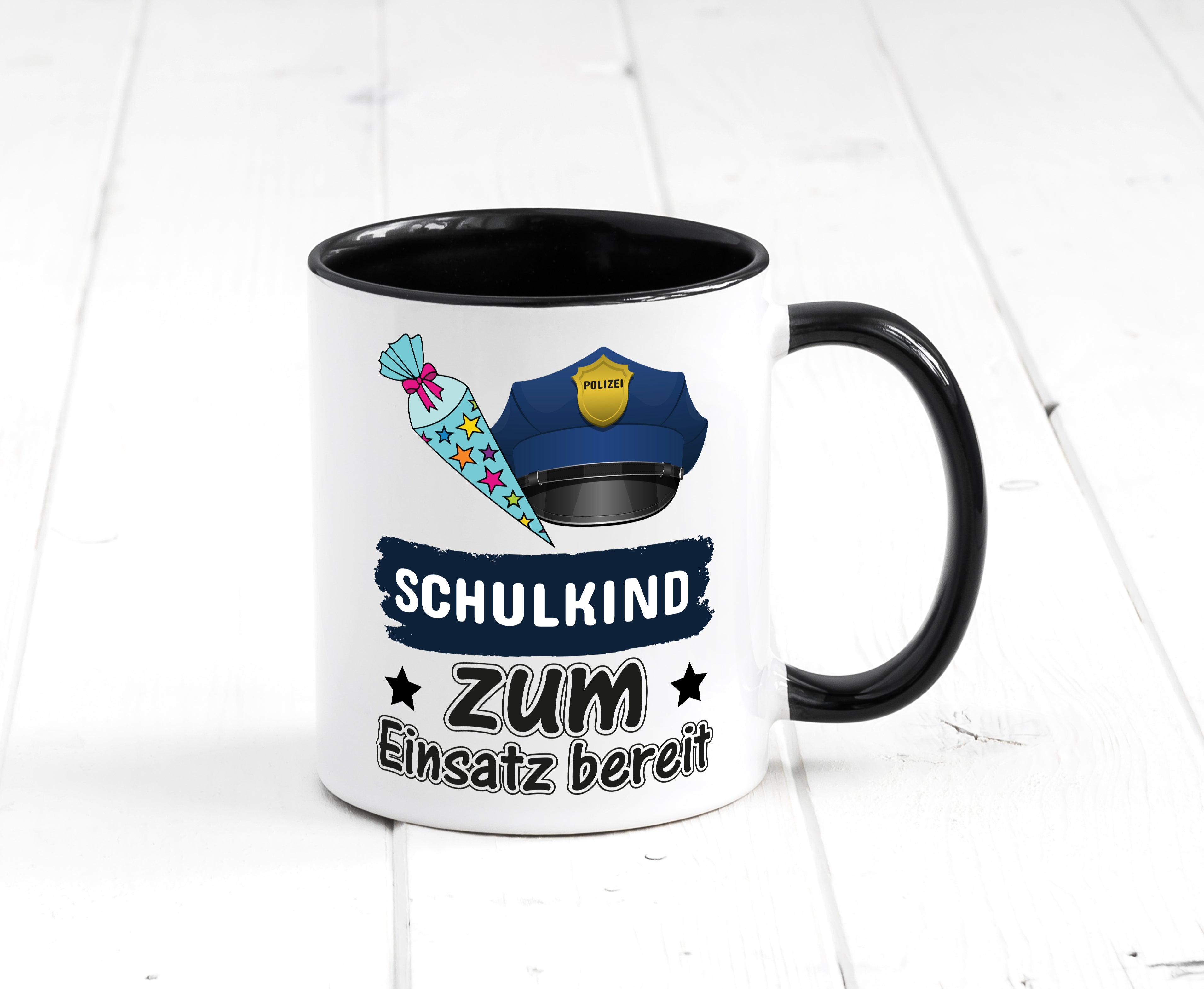 Schulkind bereit | Einschulung Tasse | Polizei | Jungs Tasse Weiß - Schwarz - Kaffeetasse / Geschenk / Familie