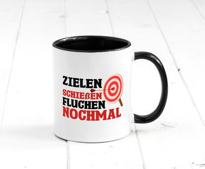 Zielen Schießen fluchen nochmal | Bogenschießen Tasse Weiß - Schwarz - Kaffeetasse / Geschenk / Familie