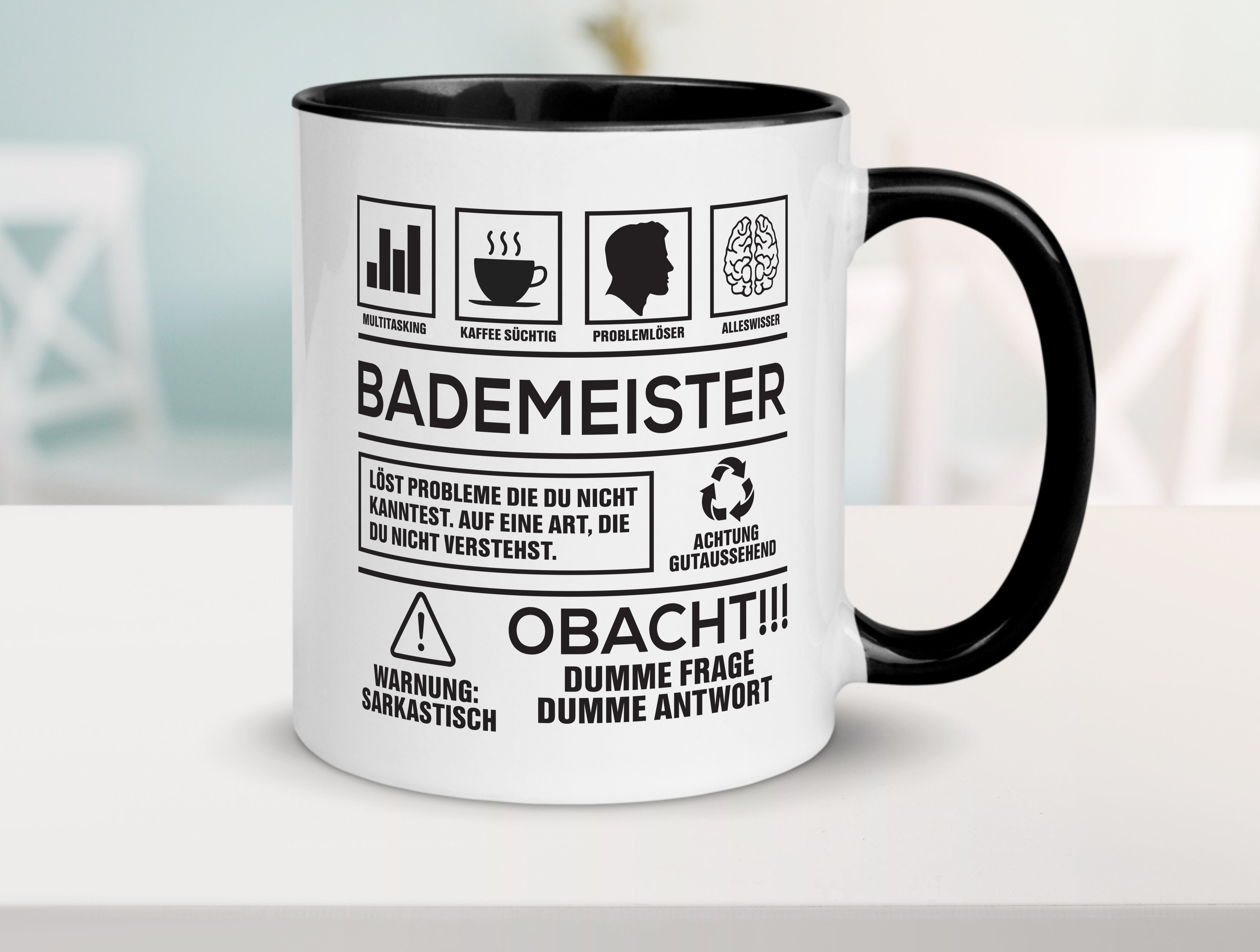 Achtung Probleme Bademeister | Rettungsschwimmer Tasse Weiß - Schwarz - Kaffeetasse / Geschenk / Familie