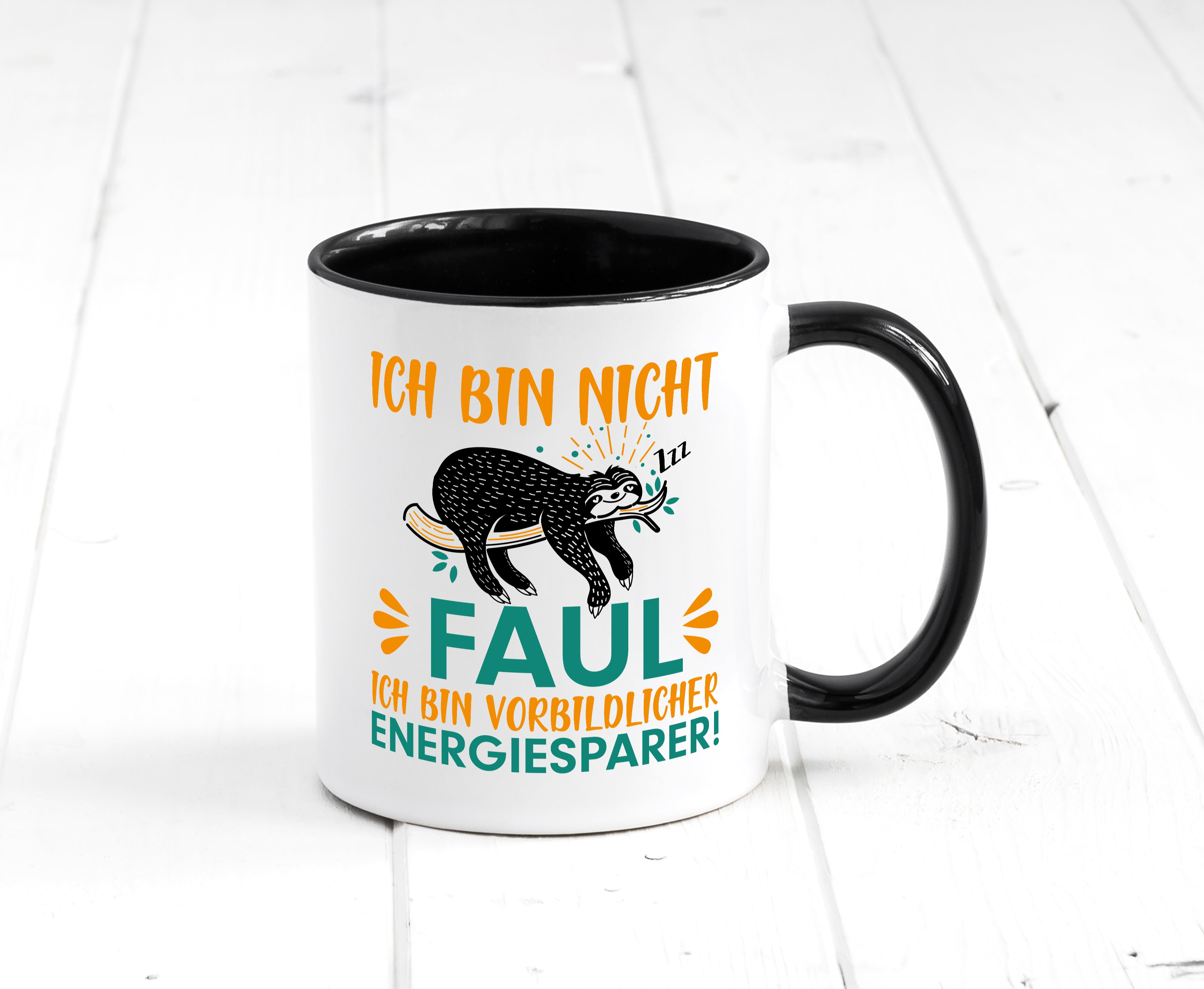 Fauler Energiesparer | Faultier Tasse | Faulpelz Humor Tasse Weiß - Schwarz - Kaffeetasse / Geschenk / Familie