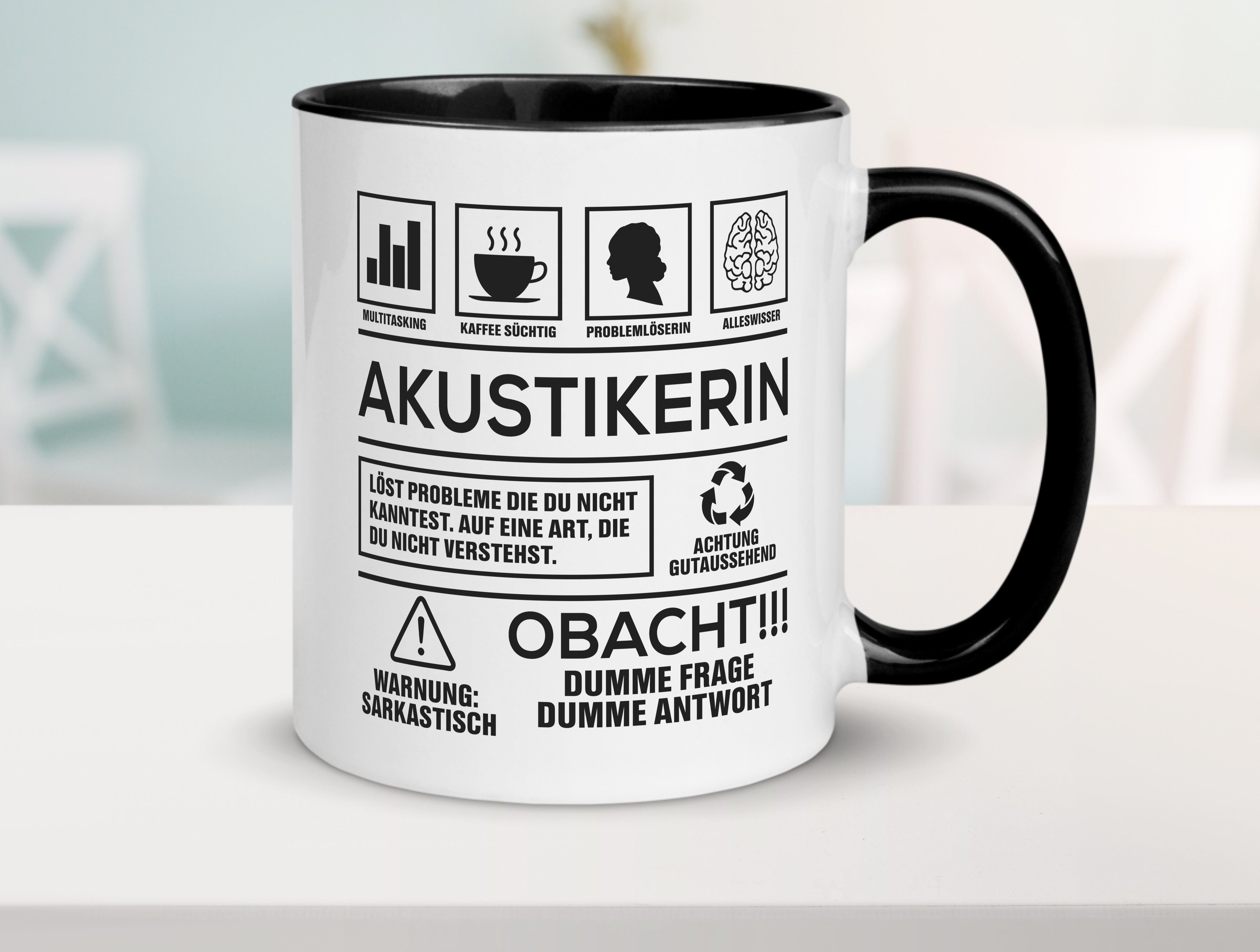 Achtung Probleme Akustikerin | Akustik | Hörgeräteakustik Tasse Weiß - Schwarz - Kaffeetasse / Geschenk / Familie