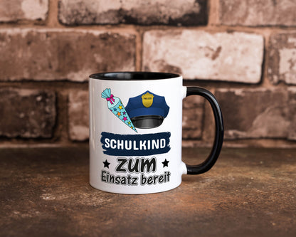 Schulkind bereit | Einschulung Tasse | Polizei | Jungs Tasse Weiß - Schwarz - Kaffeetasse / Geschenk / Familie