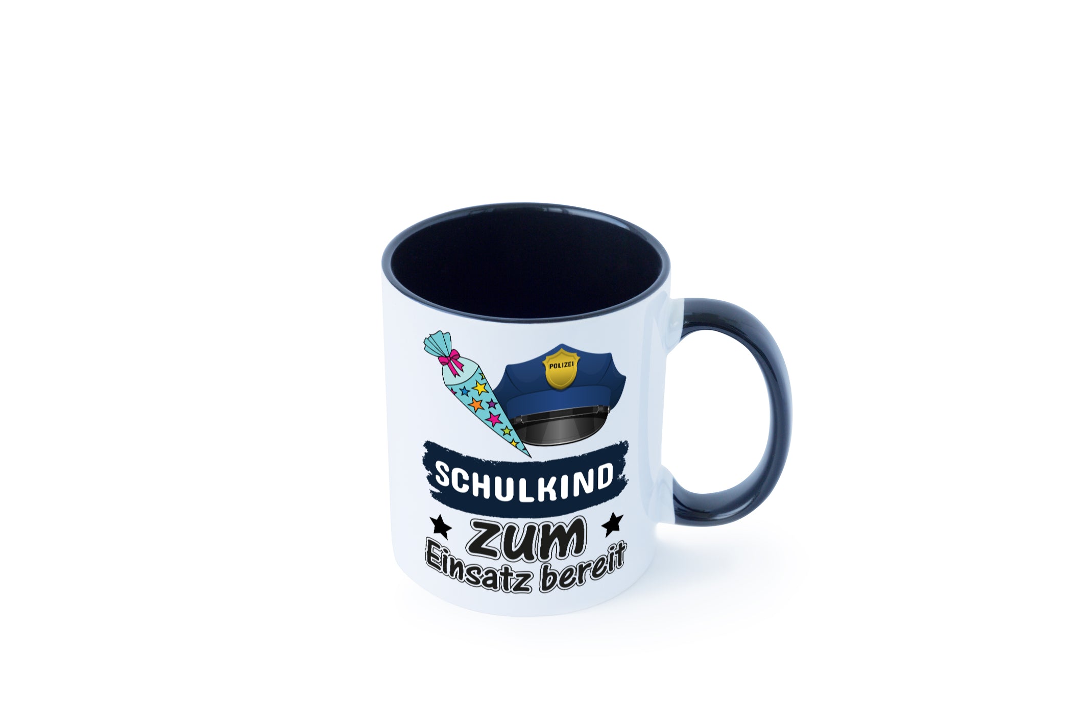 Schulkind bereit | Einschulung Tasse | Polizei | Jungs Tasse Weiß - Schwarz - Kaffeetasse / Geschenk / Familie