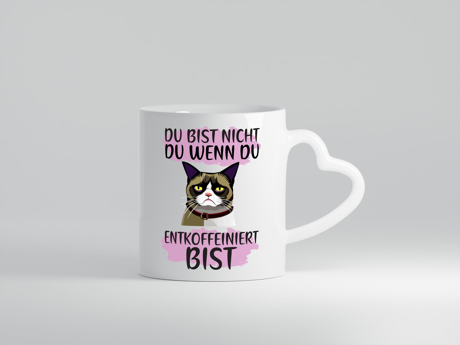 Spruch Tasse | Morgenmuffel | Katze | Entkoffeiniert - Herzhenkel Tasse - Kaffeetasse / Geschenk / Familie