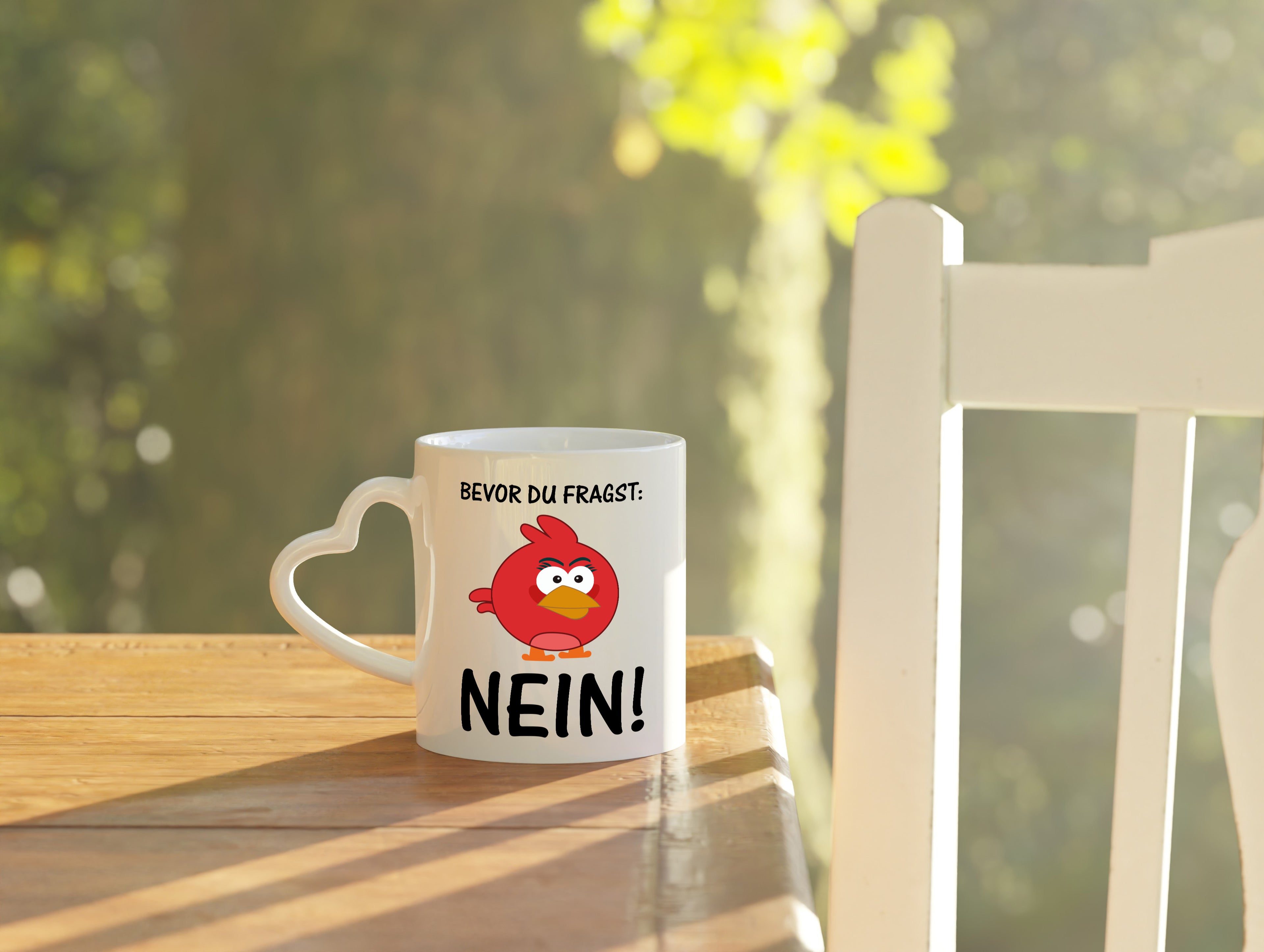 Bevor du fragst: Nein! | lustige Tasse | Vogel | Muffel - Herzhenkel Tasse - Kaffeetasse / Geschenk / Familie