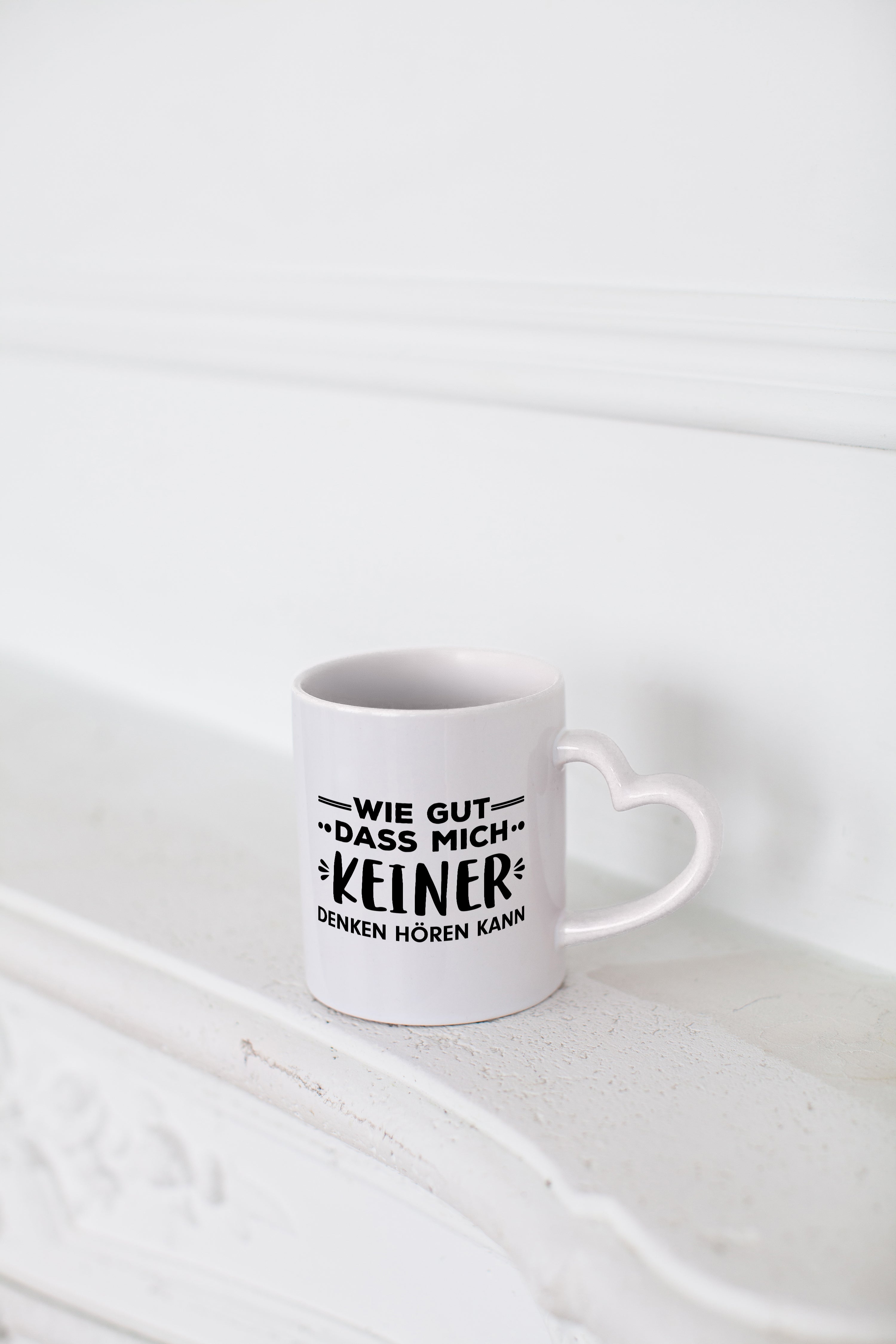 Denken Hören | Gedanken Tasse | lustiger Spruch - Herzhenkel Tasse - Kaffeetasse / Geschenk / Familie