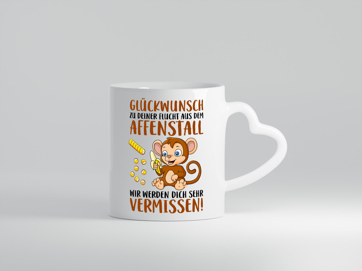 Glückwunsch zur Flucht | Affenstall | Arbeitskollegen - Herzhenkel Tasse - Kaffeetasse / Geschenk / Familie