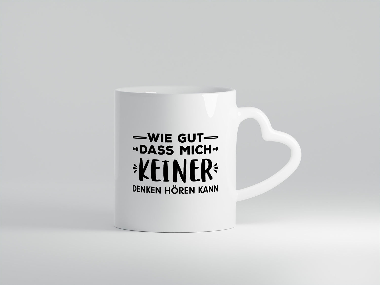 Denken Hören | Gedanken Tasse | lustiger Spruch - Herzhenkel Tasse - Kaffeetasse / Geschenk / Familie