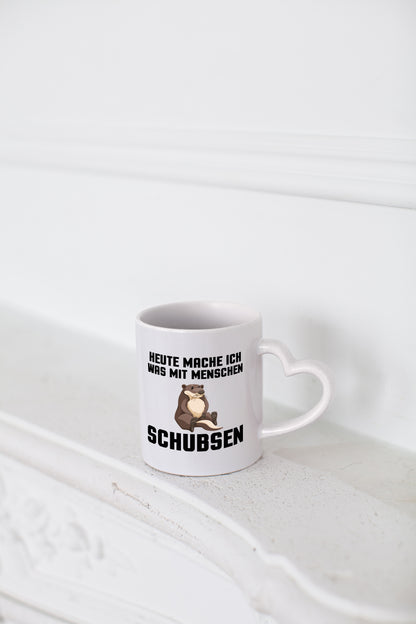 Menschen schubsen | Spruch Humor | Otter | Muffel - Herzhenkel Tasse - Kaffeetasse / Geschenk / Familie