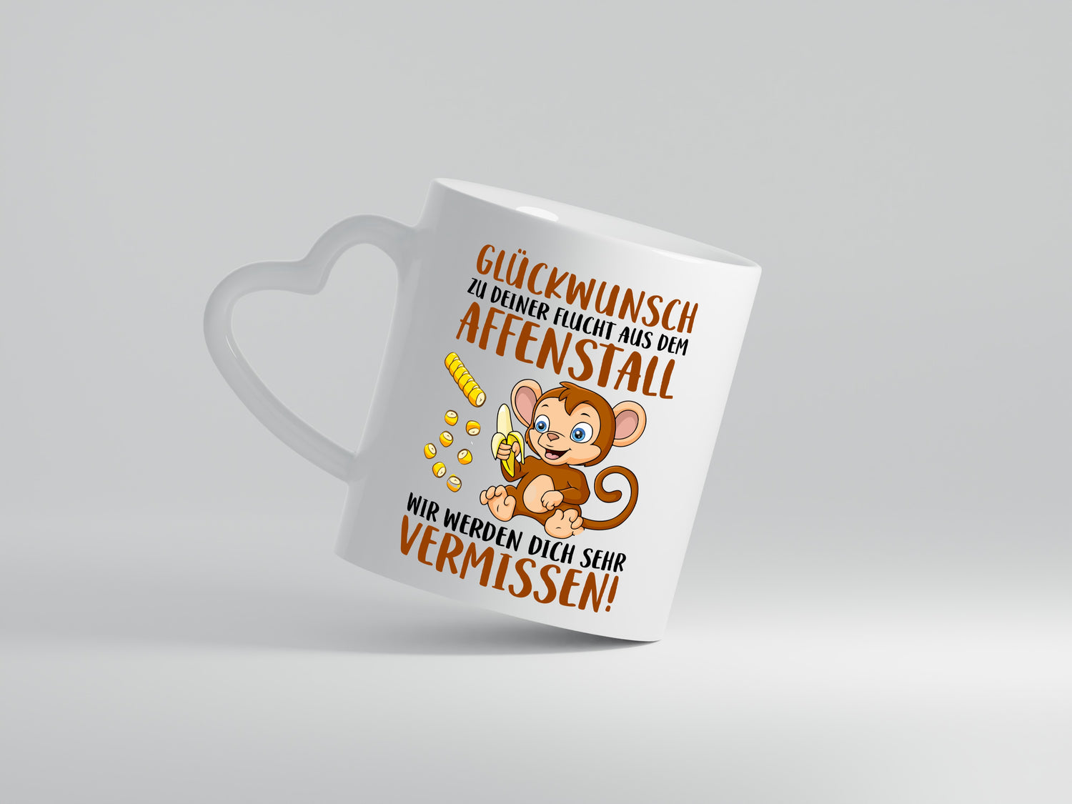 Glückwunsch zur Flucht | Affenstall | Arbeitskollegen - Herzhenkel Tasse - Kaffeetasse / Geschenk / Familie