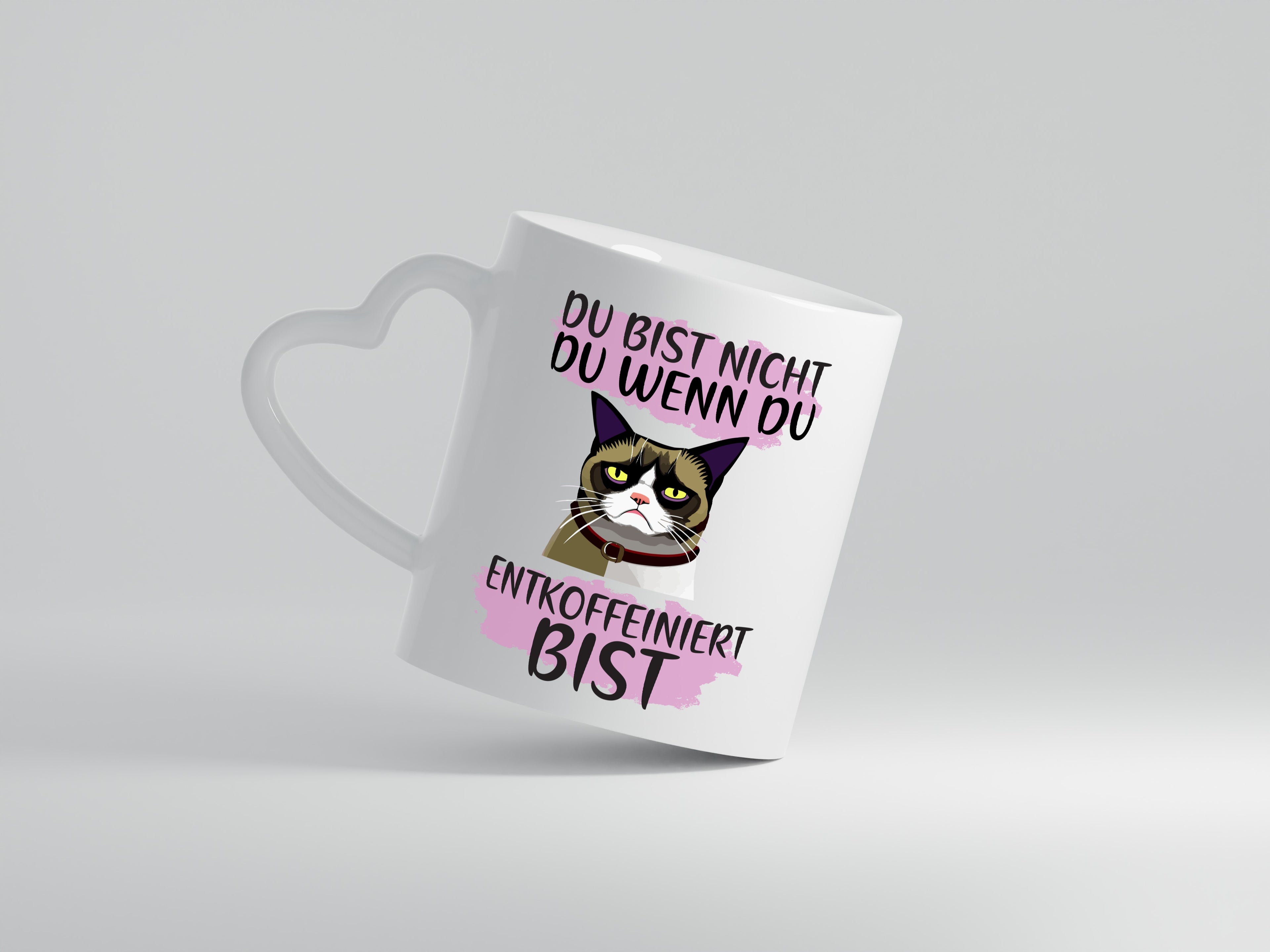 Spruch Tasse | Morgenmuffel | Katze | Entkoffeiniert - Herzhenkel Tasse - Kaffeetasse / Geschenk / Familie