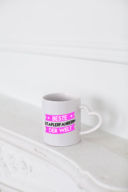 Beste Staplerfahrerin | Gabelstapler - Herzhenkel Tasse - Kaffeetasse / Geschenk / Familie